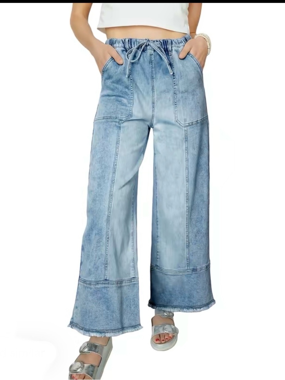 Wide-Leg Frayed Hem Jeans with Drawstring
